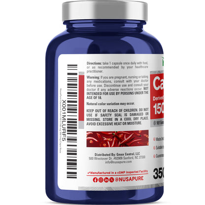 NusaPure Pimienta Cayena 150 mg por Cápsula, 350 Cápsulas Vegetales Vegano Vegetariano, Sin OGM