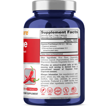 NusaPure Pimienta Cayena 150 mg por Cápsula, 350 Cápsulas Vegetales Vegano Vegetariano, Sin OGM