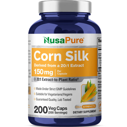 NusaPure Extracto de Seda de Maíz 150 mg por Cápsula - 200 Cápsulas Vegetales (100% Vegetariano, No OGM, Extracto 20:1, Vegano)
