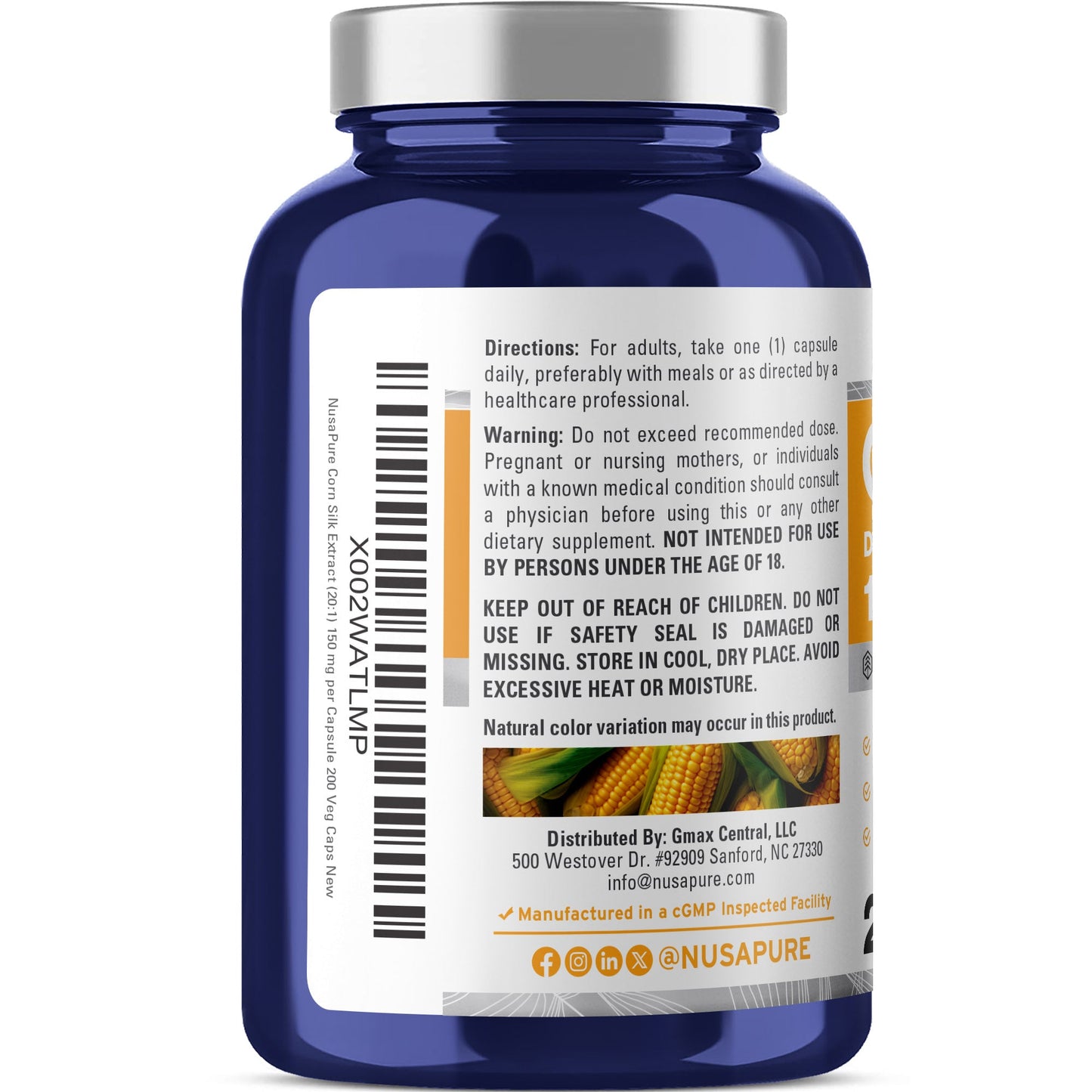 NusaPure Extracto de Seda de Maíz 150 mg por Cápsula - 200 Cápsulas Vegetales (100% Vegetariano, No OGM, Extracto 20:1, Vegano)