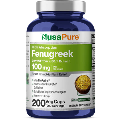Cápsulas de fenogreco NusaPure, extracto 50:1, 100 mg, 200 cápsulas vegetales, sin OMG, vegano