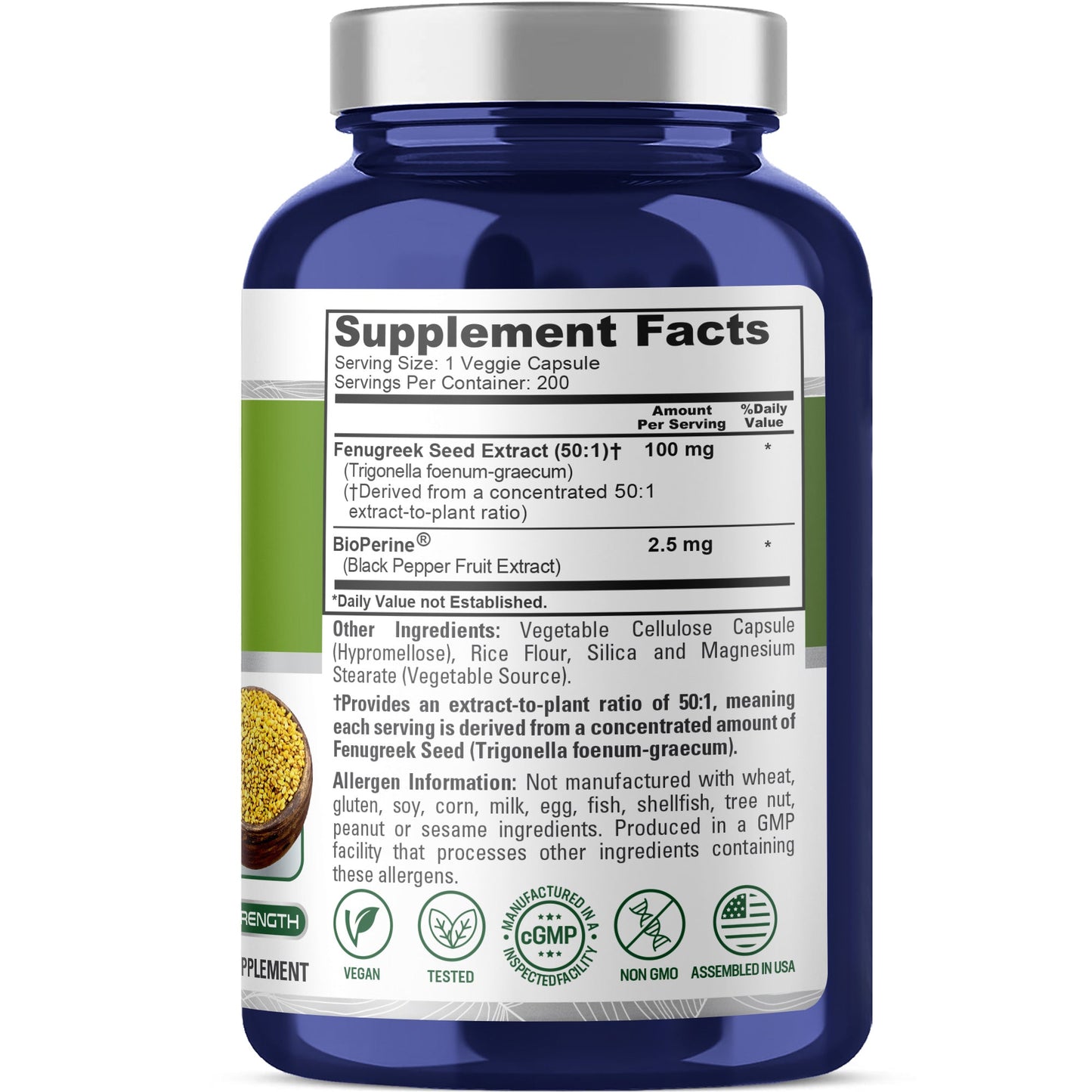 Cápsulas de fenogreco NusaPure, extracto 50:1, 100 mg, 200 cápsulas vegetales, sin OMG, vegano