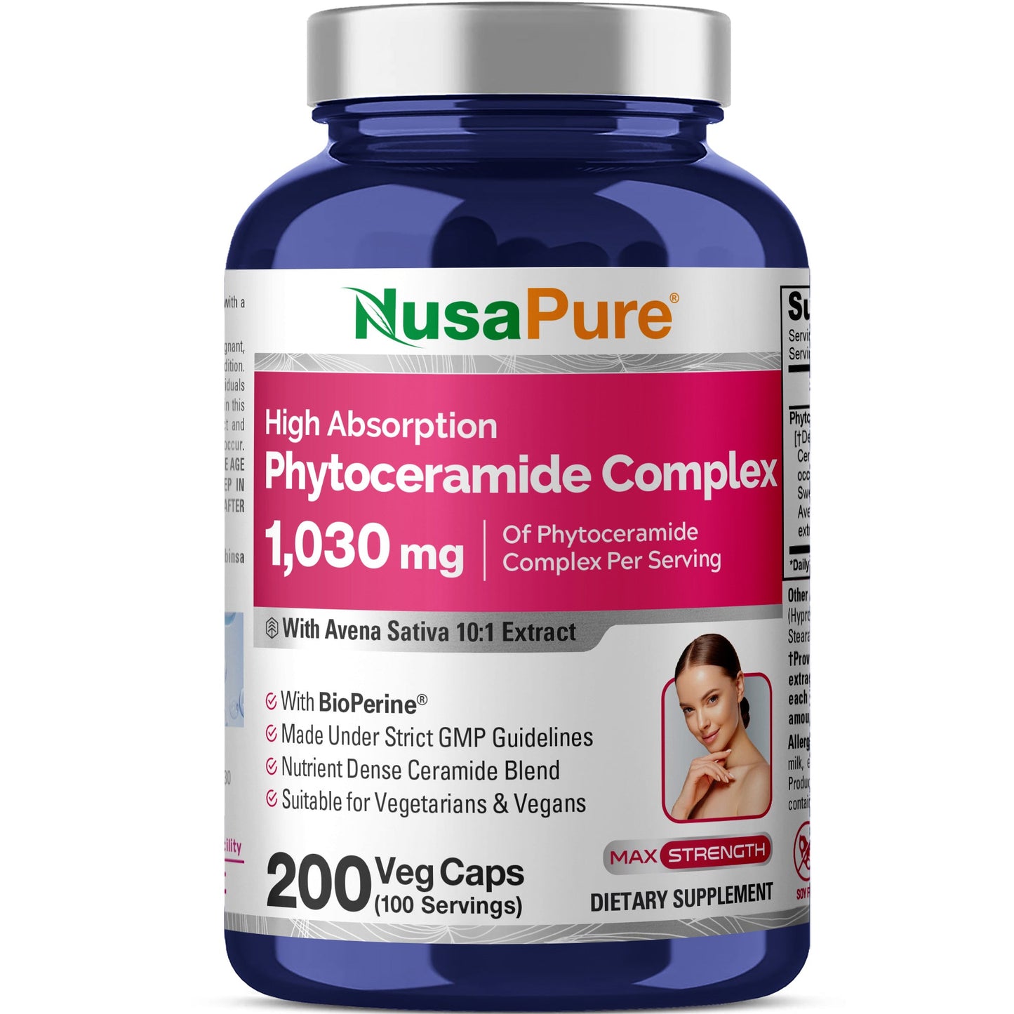 NusaPure Complejo de Fitoceramida Extracto 10:1, 1030 mg 200 Cápsulas Vegetales (No-OGM) Bioperina