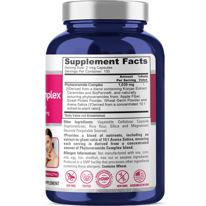 NusaPure Complejo de Fitoceramida Extracto 10:1, 1030 mg 200 Cápsulas Vegetales (No-OGM) Bioperina