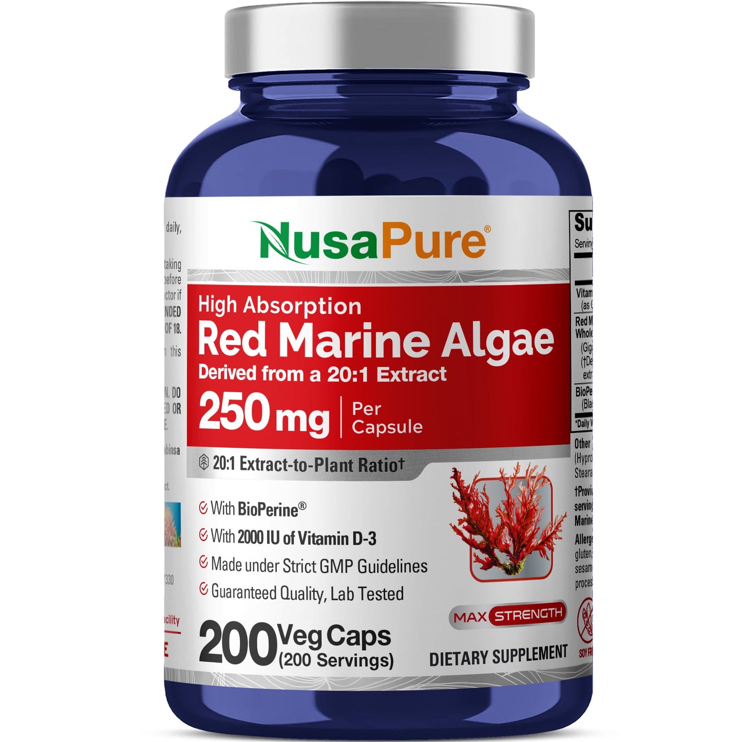NusaPure Alga Marina Roja Extracto 20:1, 250 mg 200 Cápsulas Vegetales (Sin OGM y Sin Soja) Bioperine