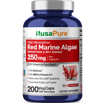 NusaPure Alga Marina Roja Extracto 20:1, 250 mg 200 Cápsulas Vegetales (Sin OGM y Sin Soja) Bioperine