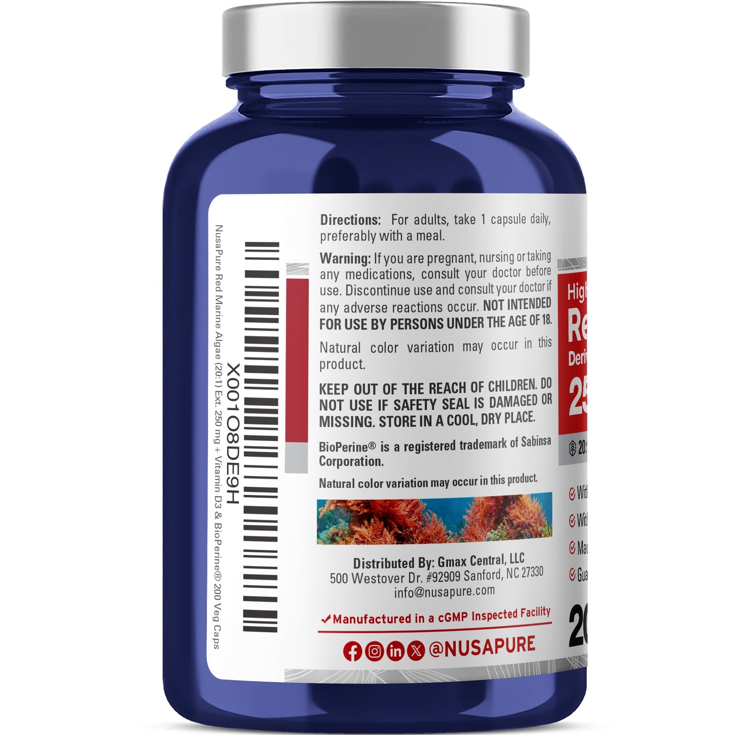 NusaPure Alga Marina Roja Extracto 20:1, 250 mg 200 Cápsulas Vegetales (Sin OGM y Sin Soja) Bioperine