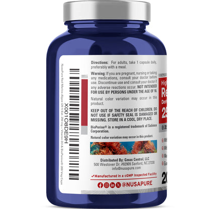 NusaPure Alga Marina Roja Extracto 20:1, 250 mg 200 Cápsulas Vegetales (Sin OGM y Sin Soja) Bioperine