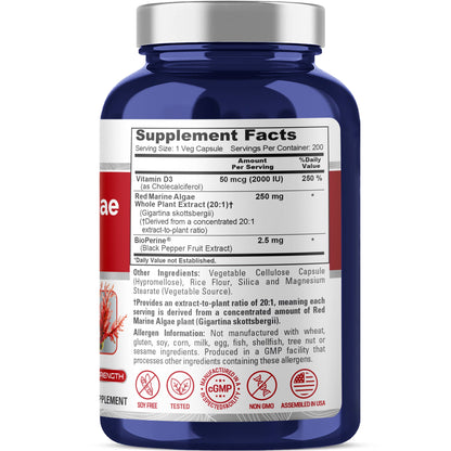 NusaPure Alga Marina Roja Extracto 20:1, 250 mg 200 Cápsulas Vegetales (Sin OGM y Sin Soja) Bioperine