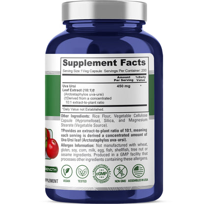 NusaPure Uva Ursi Extracto 10:1, 450 mg 200 cápsulas vegetarianas (sin OMG, vegano) Gayuba
