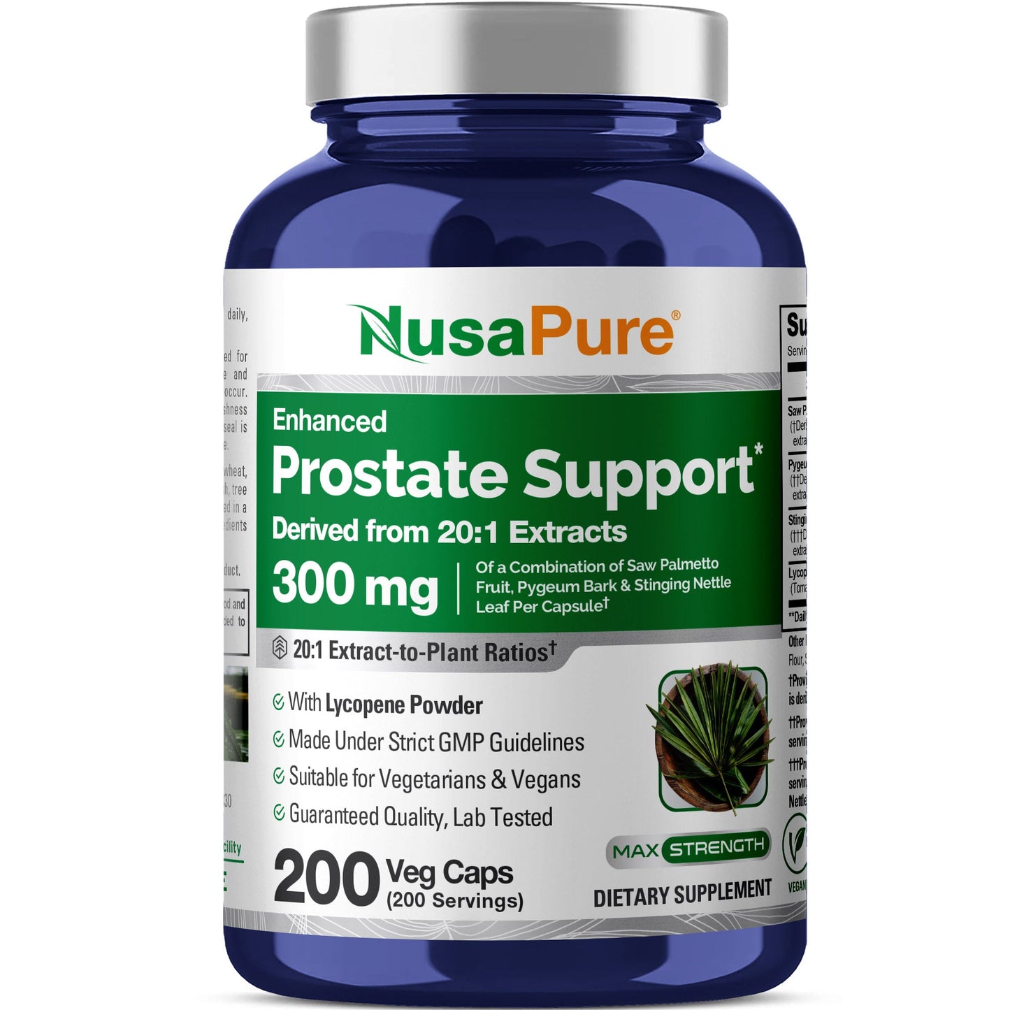 NusaPure Apoyo Prostático Extracto 20:1, 300 mg 200 Cápsulas Vegetales Suplemento Dietético Vegano, No OGM