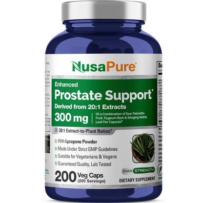NusaPure Apoyo Prostático Extracto 20:1, 300 mg 200 Cápsulas Vegetales Suplemento Dietético Vegano, No OGM