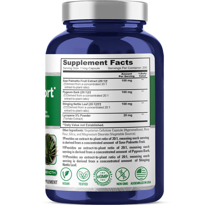 NusaPure Apoyo Prostático Extracto 20:1, 300 mg 200 Cápsulas Vegetales Suplemento Dietético Vegano, No OGM