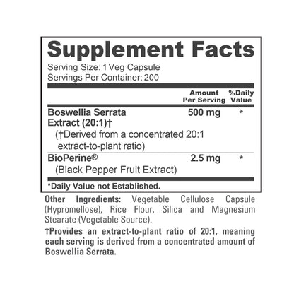 NusaPure Boswellia Serrata 500 mg por cápsula vegetal, 200 unidades (Ext. 20:1, sin OGM, vegano, Bioperine) Hierba ayurvédica: Olibanum indio, Incienso