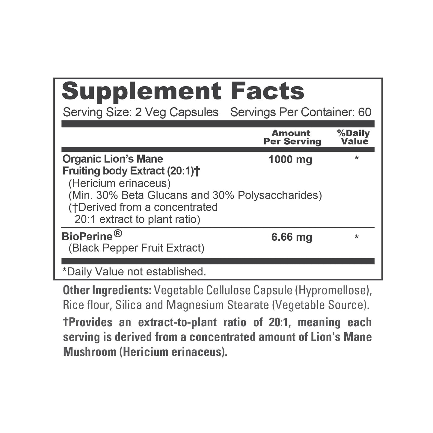 NusaPure Hongo Melena de León Extracto 20:1 1000 mg - Hecho con Melena de León Orgánica, Bioperina - 30 % Polisacáridos - 120 Cápsulas Vegetales. Sin OGM, Sin Gluten