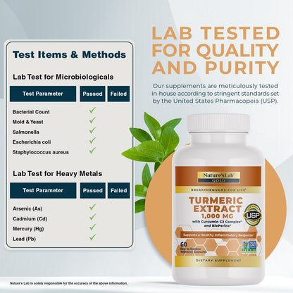 Nature's Lab Gold Extracto de Cúrcuma con Curcumina C3 y BioPerine - 60 cápsulas