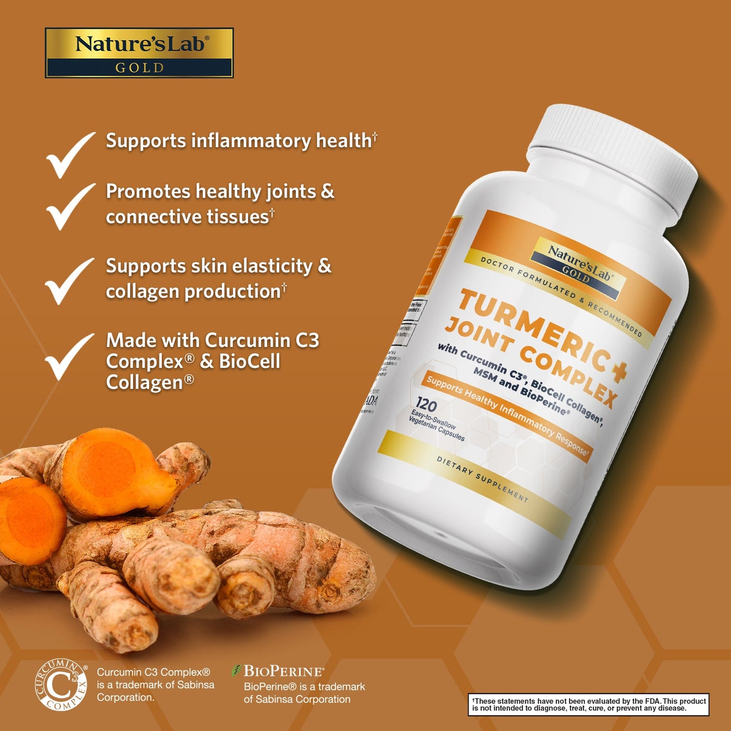 Nature's Lab Oro Cúrcuma + Complejo Articular - 120 Cápsulas