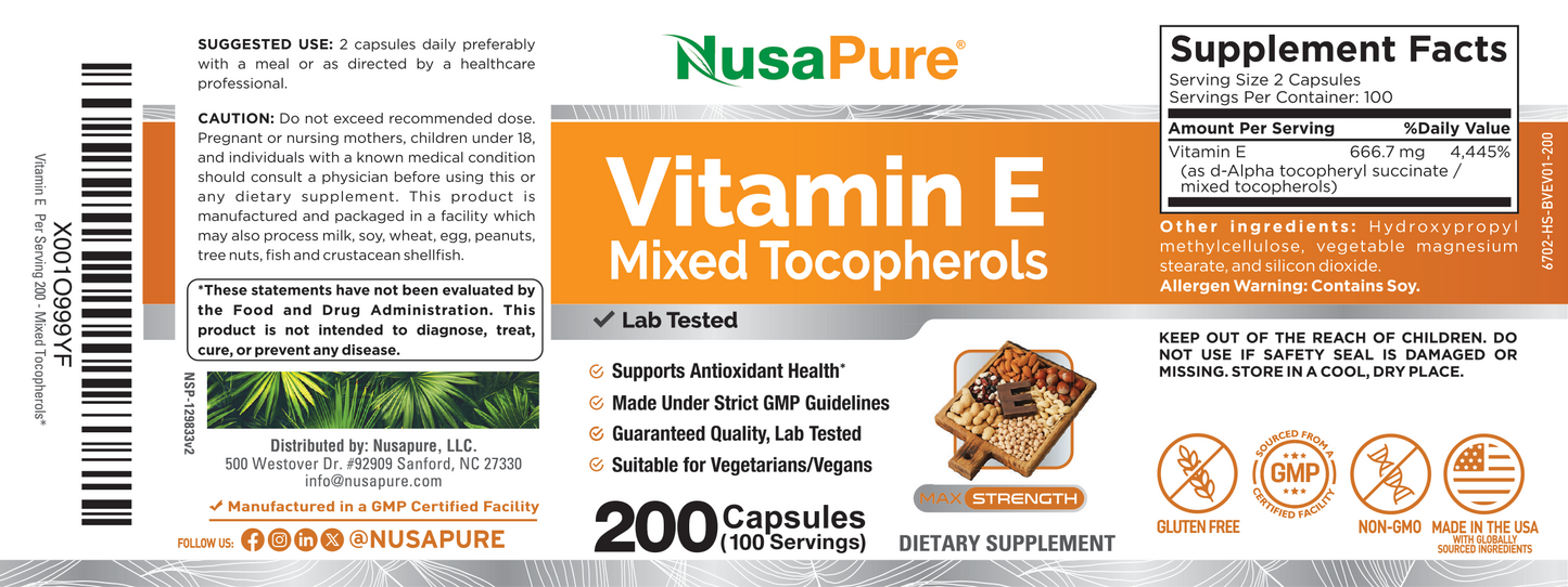 NusaPure Vitamina E Tocoferoles Mixtos - Apto para Vegetarianos/Veganos, Sin OGM - 1000 UI 200 Comprimidos