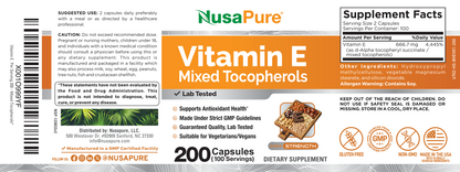 NusaPure Vitamina E Tocoferoles Mixtos - Apto para Vegetarianos/Veganos, Sin OGM - 1000 UI 200 Comprimidos