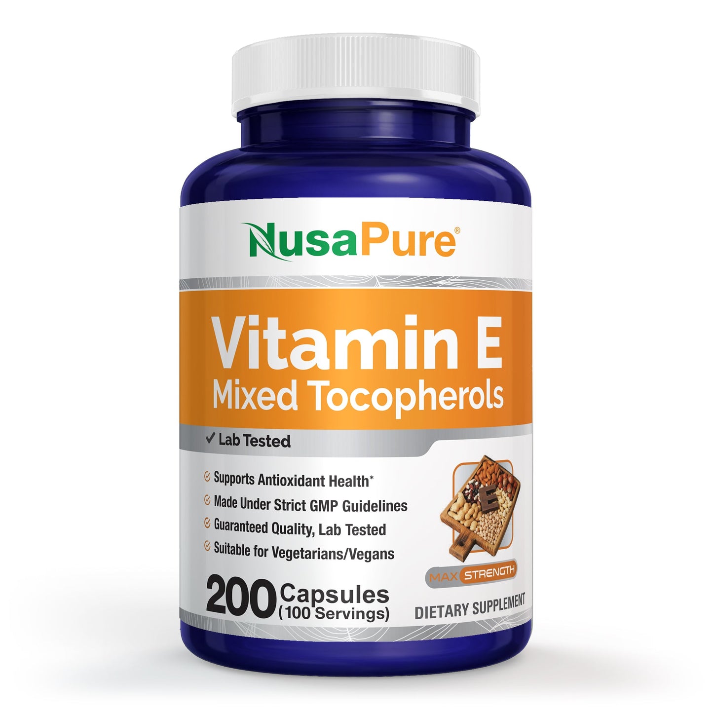 NusaPure Vitamina E Tocoferoles Mixtos - Apto para Vegetarianos/Veganos, Sin OGM - 1000 UI 200 Comprimidos