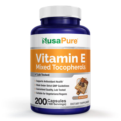 NusaPure Vitamina E Tocoferoles Mixtos - Apto para Vegetarianos/Veganos, Sin OGM - 1000 UI 200 Comprimidos