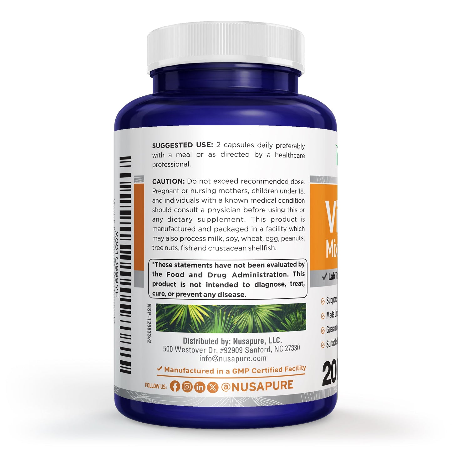 NusaPure Vitamina E Tocoferoles Mixtos - Apto para Vegetarianos/Veganos, Sin OGM - 1000 UI 200 Comprimidos