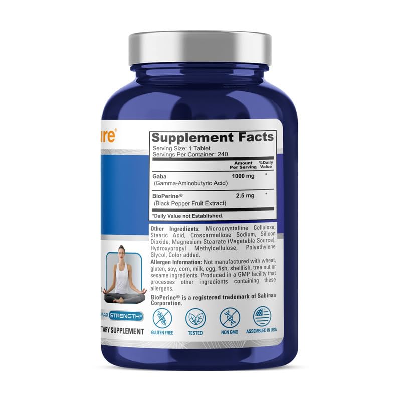 NusaPure GABA - Apto para vegetarianos/veganos, sin OMG - 1000 mg - 240 comprimidos