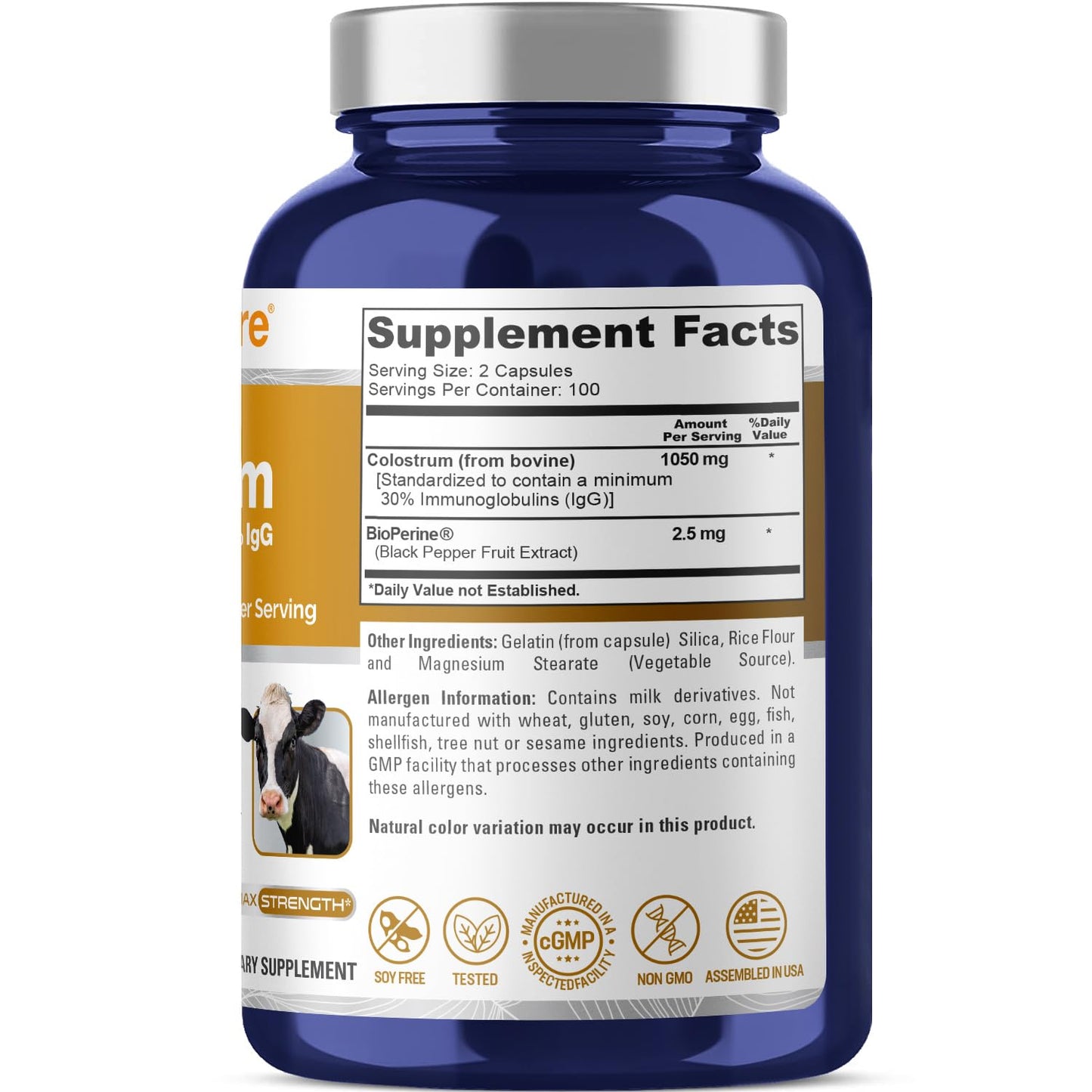 NusaPure Calostro 1050mg 30% IgG 200 cápsulas (Sin OGM, Sin Soya) Bioperine