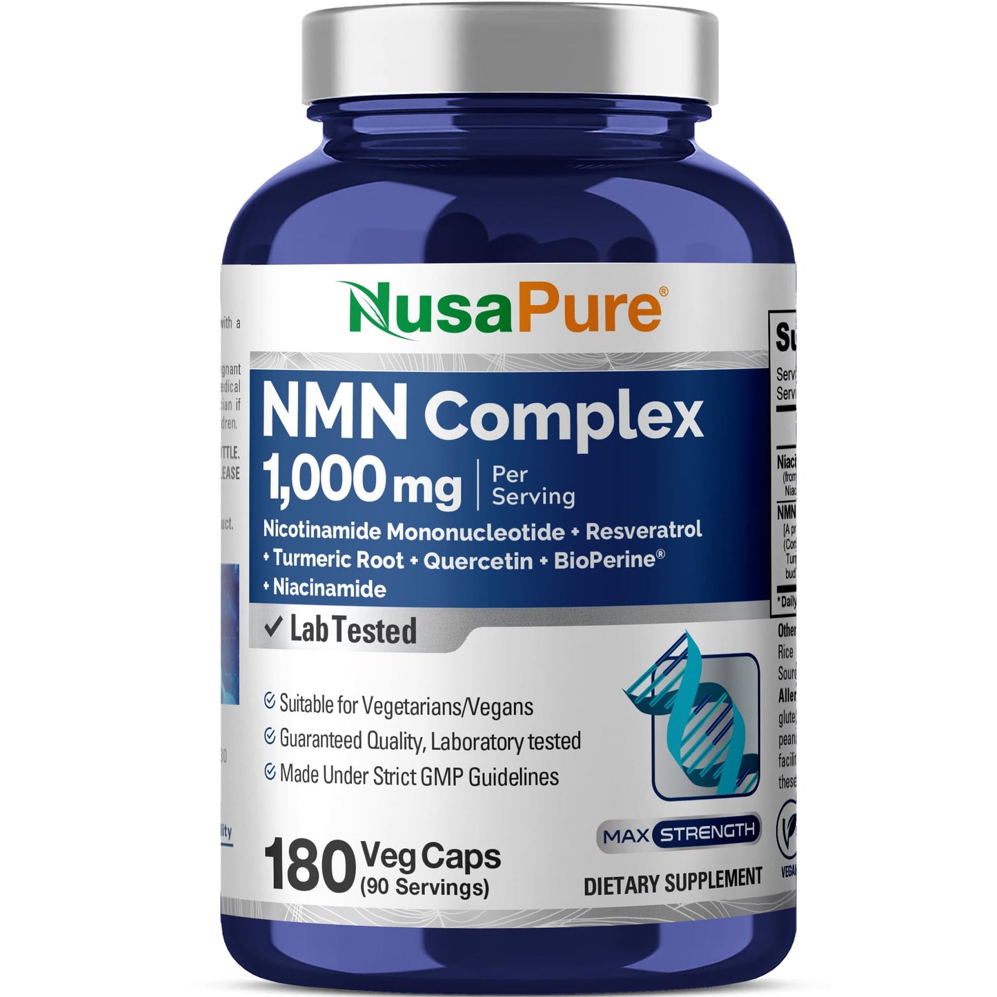 NusaPure NMN Complex 1.000 mg por porción con Resveratrol, Raíz de Cúrcuma, Quercetina y BioPerine, 180 Cápsulas Veganas (90 Porciones) – Sin OGM, Vegano, Probado en Laboratorio, Fabricado en Instalación cGMP
