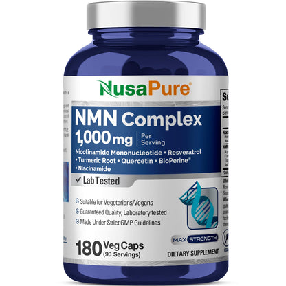 NusaPure NMN Complex 1.000 mg por porción con Resveratrol, Raíz de Cúrcuma, Quercetina y BioPerine, 180 Cápsulas Veganas (90 Porciones) – Sin OGM, Vegano, Probado en Laboratorio, Fabricado en Instalación cGMP