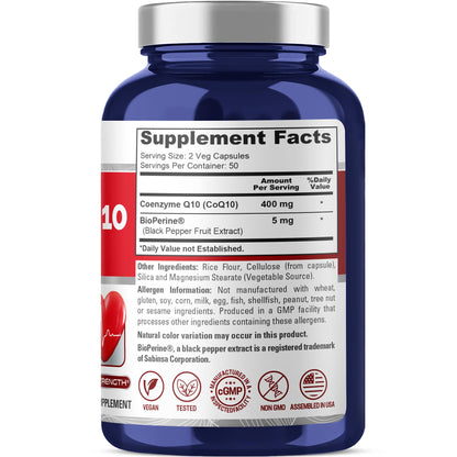 NusaPure CoQ10 400 mg 100 cápsulas vegetales (vegano, sin OMG) Suplemento de Coenzima Q10, Enzima Antioxidante COQ-10, Coq 10