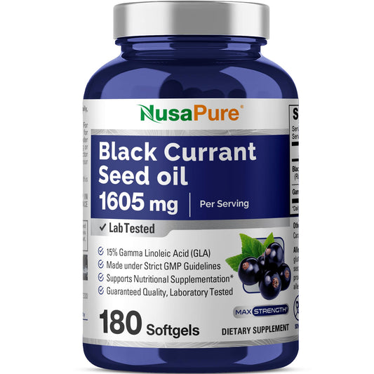 NusaPure Aceite de Semilla de Grosella Negra 1605 mg Ácido Gamma Linolénico (GLA) 15% 180 Cápsulas Blandas (Sin OGM, Sin Soja)