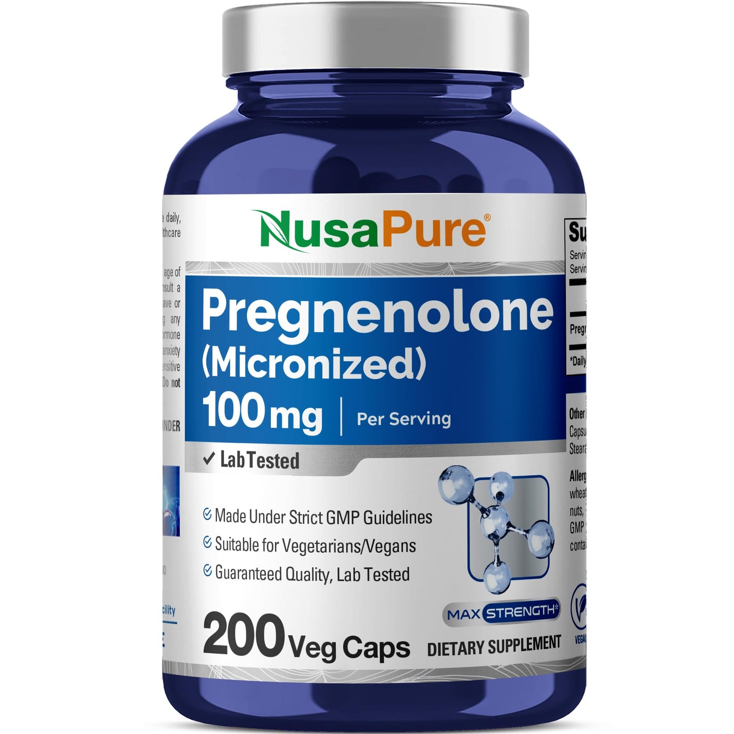 NusaPure Pregnenolona (Micronizada) 100 mg por porción 200 Cápsulas Vegetales Suplemento Dietético Vegano, No OGM