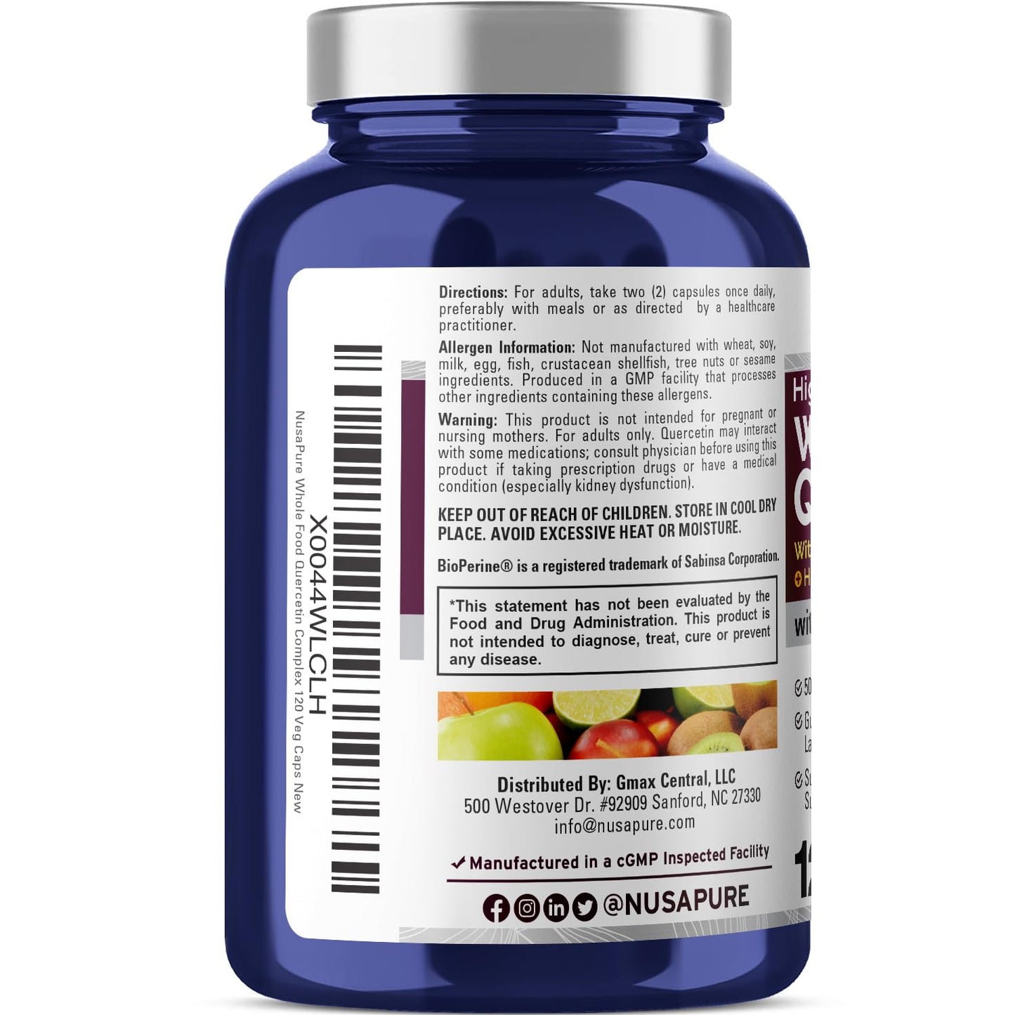 NusaPure Quercetina con Bromelina 500mg | 120 Cápsulas Vegetales | Mezcla de 43 Frutas Verduras Granos Hierbas Enzimas Probióticos | Sin OGM, Vegano, Bioperina