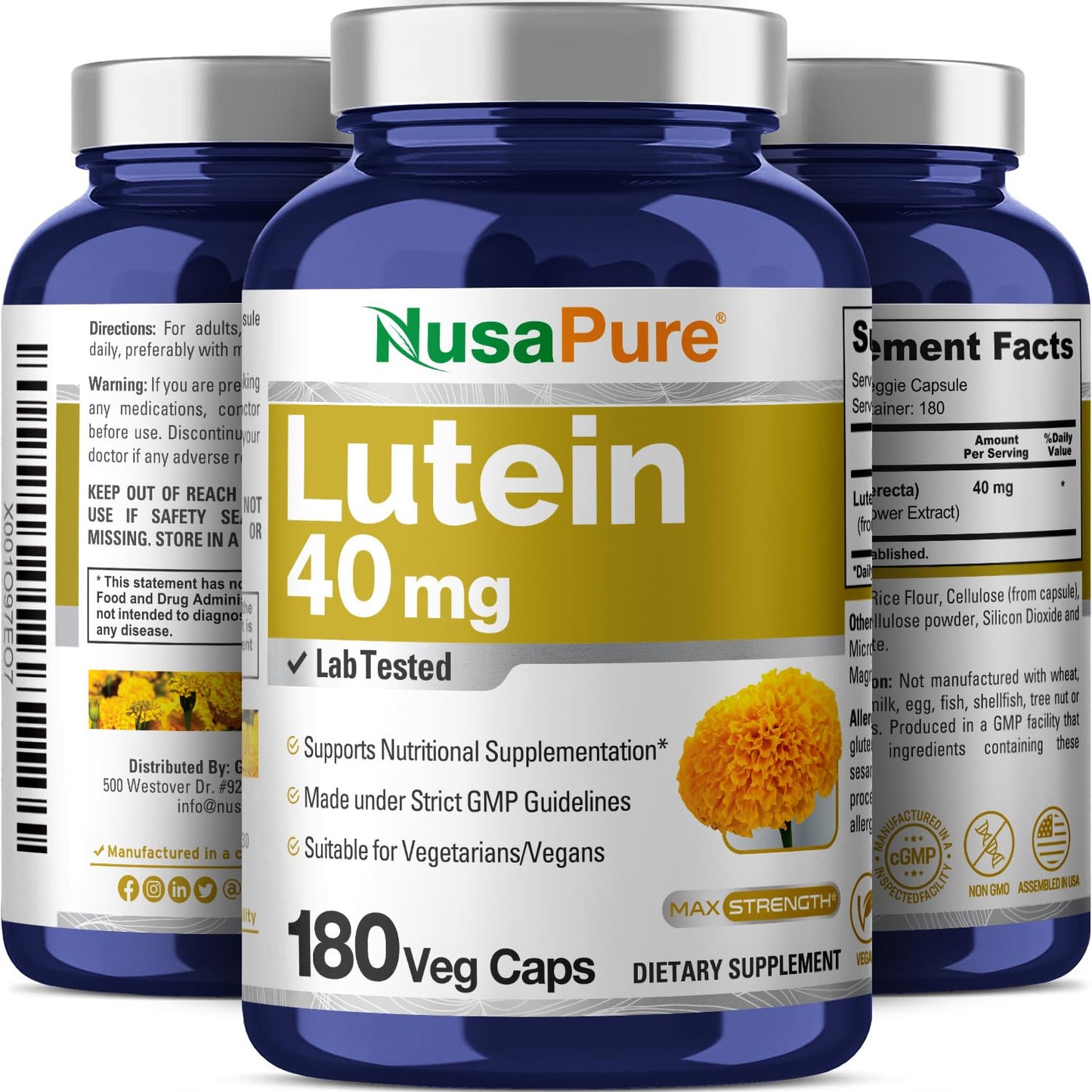 NusasPure Luteína - Apto para vegetarianos/veganos, sin OMG - 40 mg - 180 Cápsulas