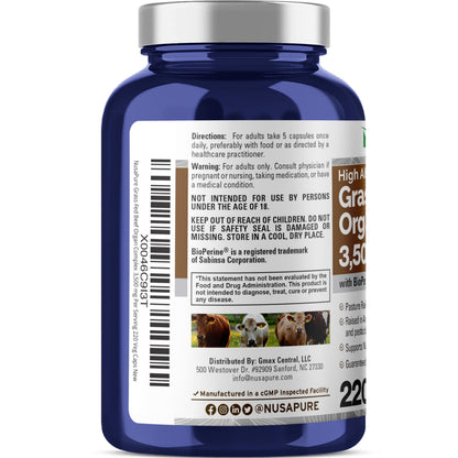 NusaPure Complejo de órganos de res alimentados con pasto | 220 Cápsulas | Criado en pastos | con Hígado, Riñón, Páncreas, Corazón, Bazo Desecados | Sin soja, sin OMG, Bioperina