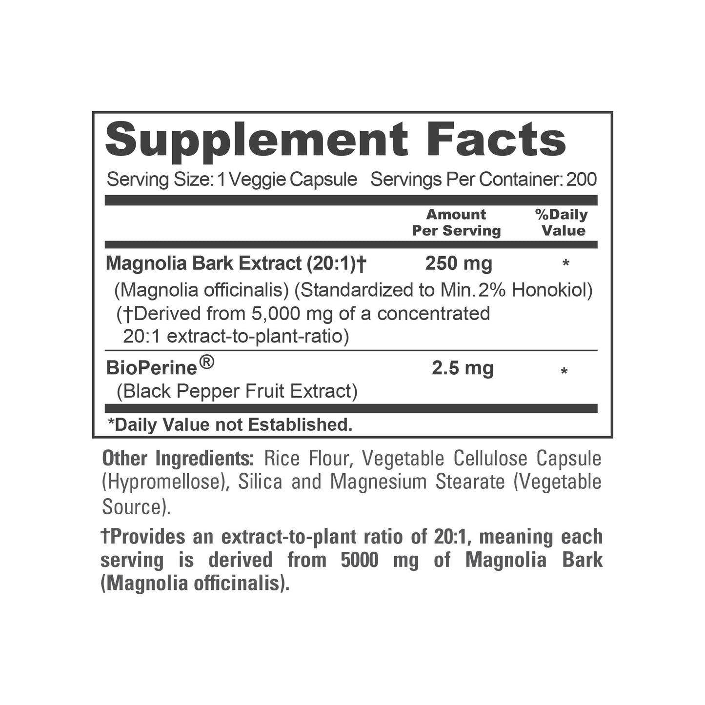 NusaPure Extracto de Corteza de Magnolia 20:1, 250 mg 200 Cápsulas Veganas Vegetarianas Sin OGM