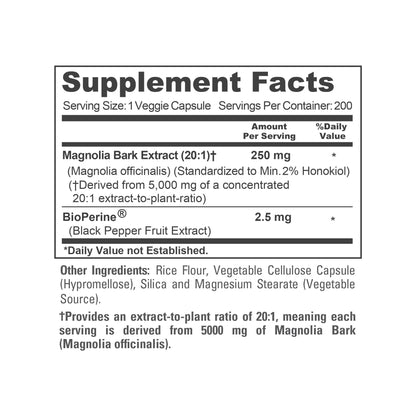 NusaPure Extracto de Corteza de Magnolia 20:1, 250 mg 200 Cápsulas Veganas Vegetarianas Sin OGM