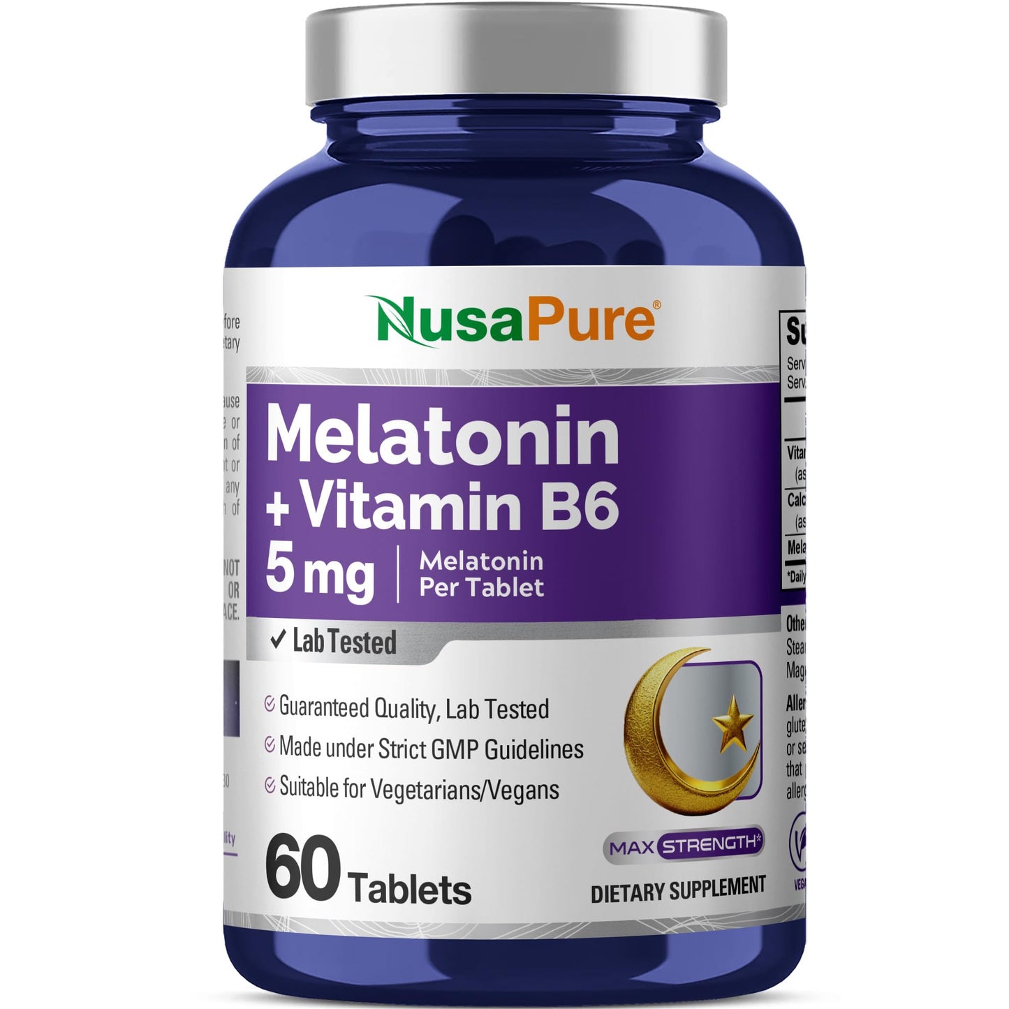 NusaPure Melatonina con Vitamina B6 y Calcio - Apto para Vegetarianos/Veganos, Sin OGM - 5 mg - 60 Comprimidos