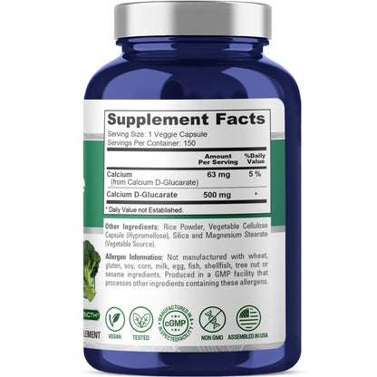 NusaPure Calcio D-Glucarato 500 mg 150 Cápsulas Vegetales, Vegano, Sin OGM, Sin Gluten