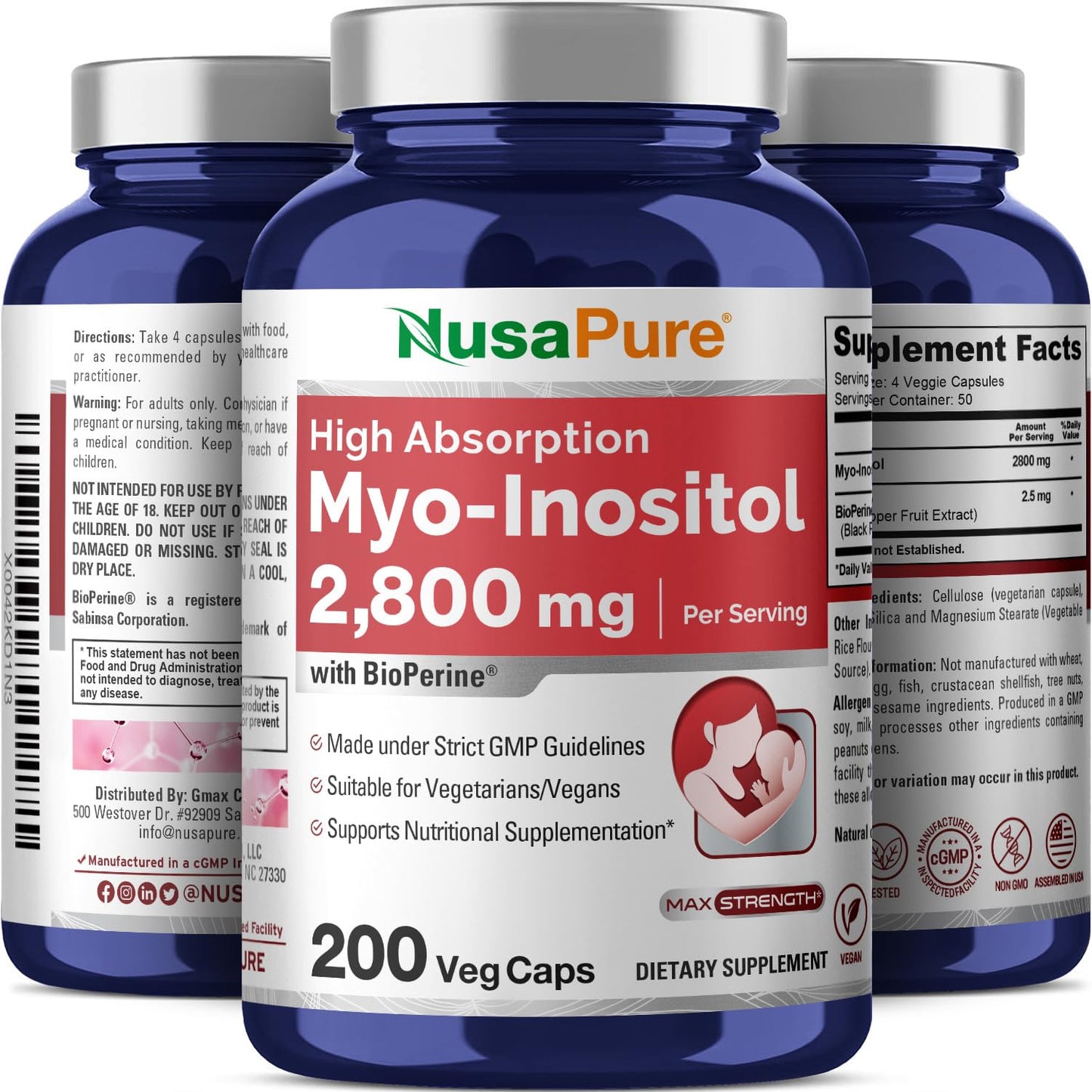 NusaPure Mioinositol - Apto para vegetarianos/veganos, sin OMG - 2800mg, 200 Cápsulas