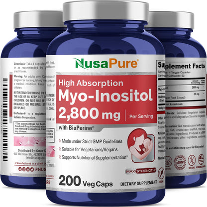 NusaPure Mioinositol - Apto para vegetarianos/veganos, sin OMG - 2800mg, 200 Cápsulas