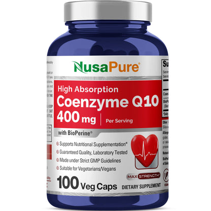 NusaPure CoQ10 400 mg 100 cápsulas vegetales (vegano, sin OMG) Suplemento de Coenzima Q10, Enzima Antioxidante COQ-10, Coq 10