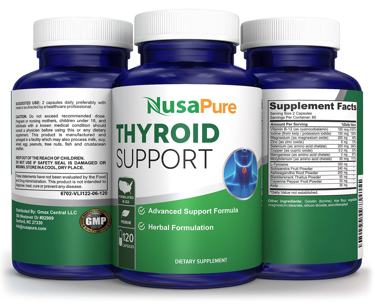 NusaPure Suplemento para el Apoyo de la Tiroides (sin OGM) 120 cápsulas, Ashwagandha, Yodo, Zinc, alga marina, Vitamina B12, L-Tirosina, Selenio, Cobre