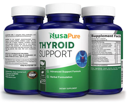 NusaPure Suplemento para el Apoyo de la Tiroides (sin OGM) 120 cápsulas, Ashwagandha, Yodo, Zinc, alga marina, Vitamina B12, L-Tirosina, Selenio, Cobre