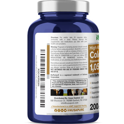 NusaPure Calostro 1050mg 30% IgG 200 cápsulas (Sin OGM, Sin Soya) Bioperine