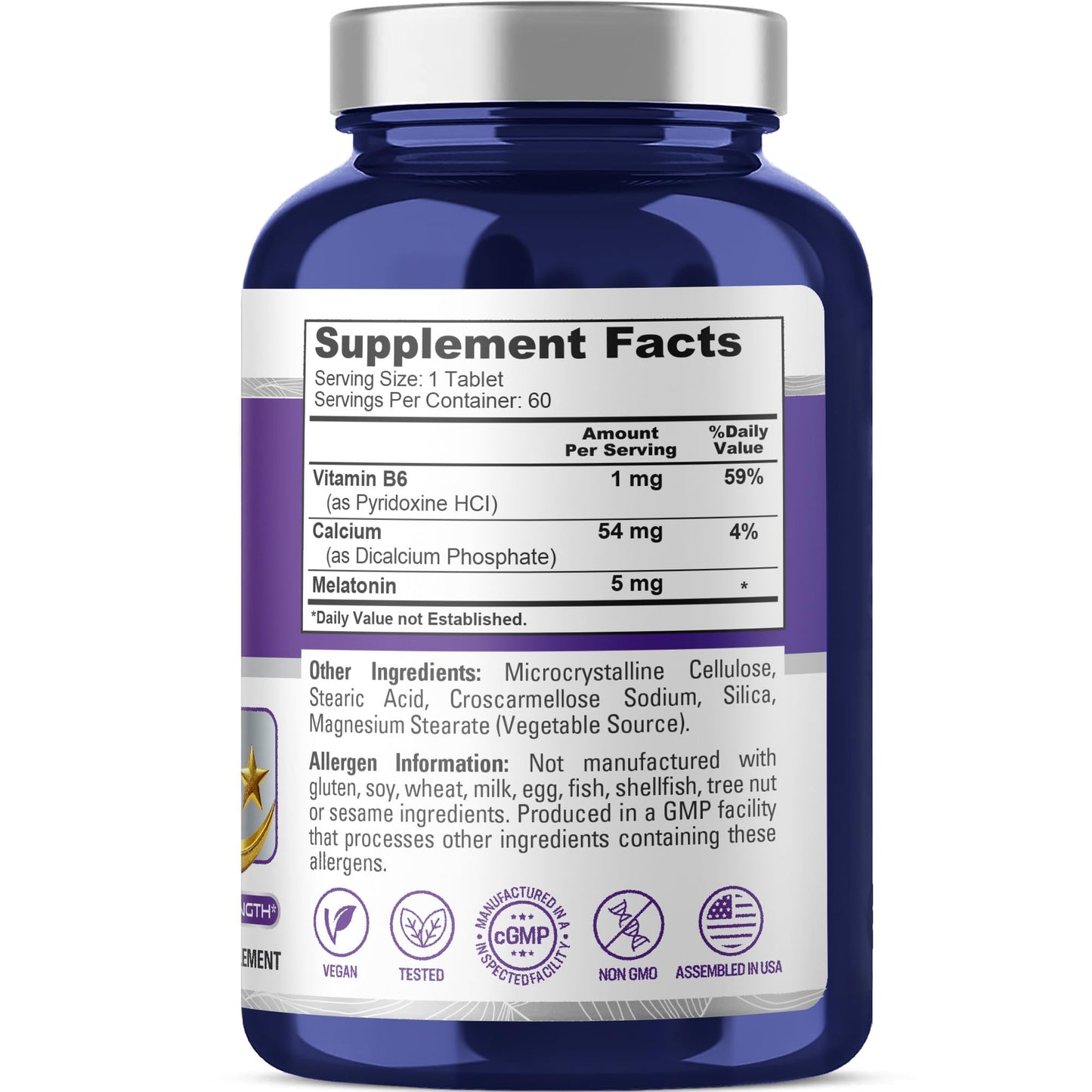 NusaPure Melatonina con Vitamina B6 y Calcio - Apto para Vegetarianos/Veganos, Sin OGM - 5 mg - 60 Comprimidos
