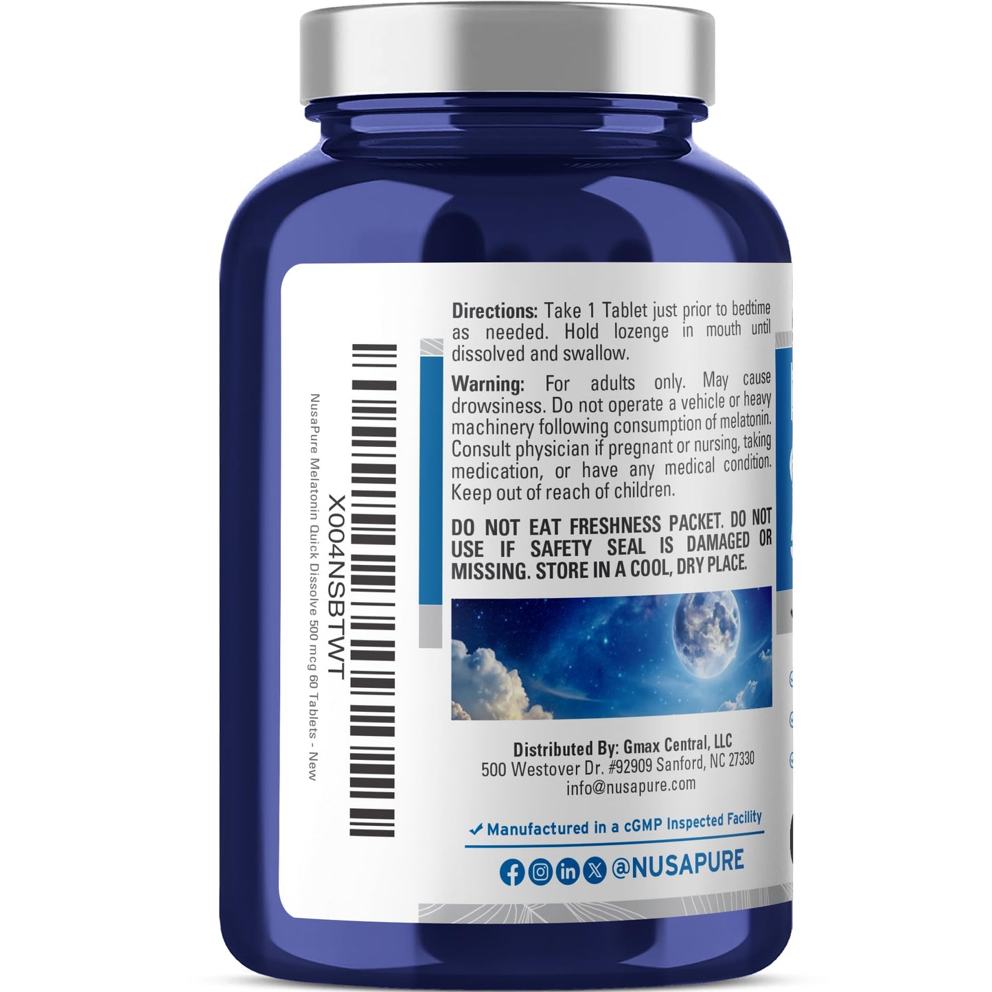 NusaPure Melatonina Disolución Rápida 500 mcg por 60 Comprimidos Suplemento Dietético Vegano, Sin OGM