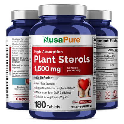 NusaPure Fitoesteroles 1500 mg - 180 Comprimidos (Sin OGM, Vegano) Beta Sitosterol, Bioperine