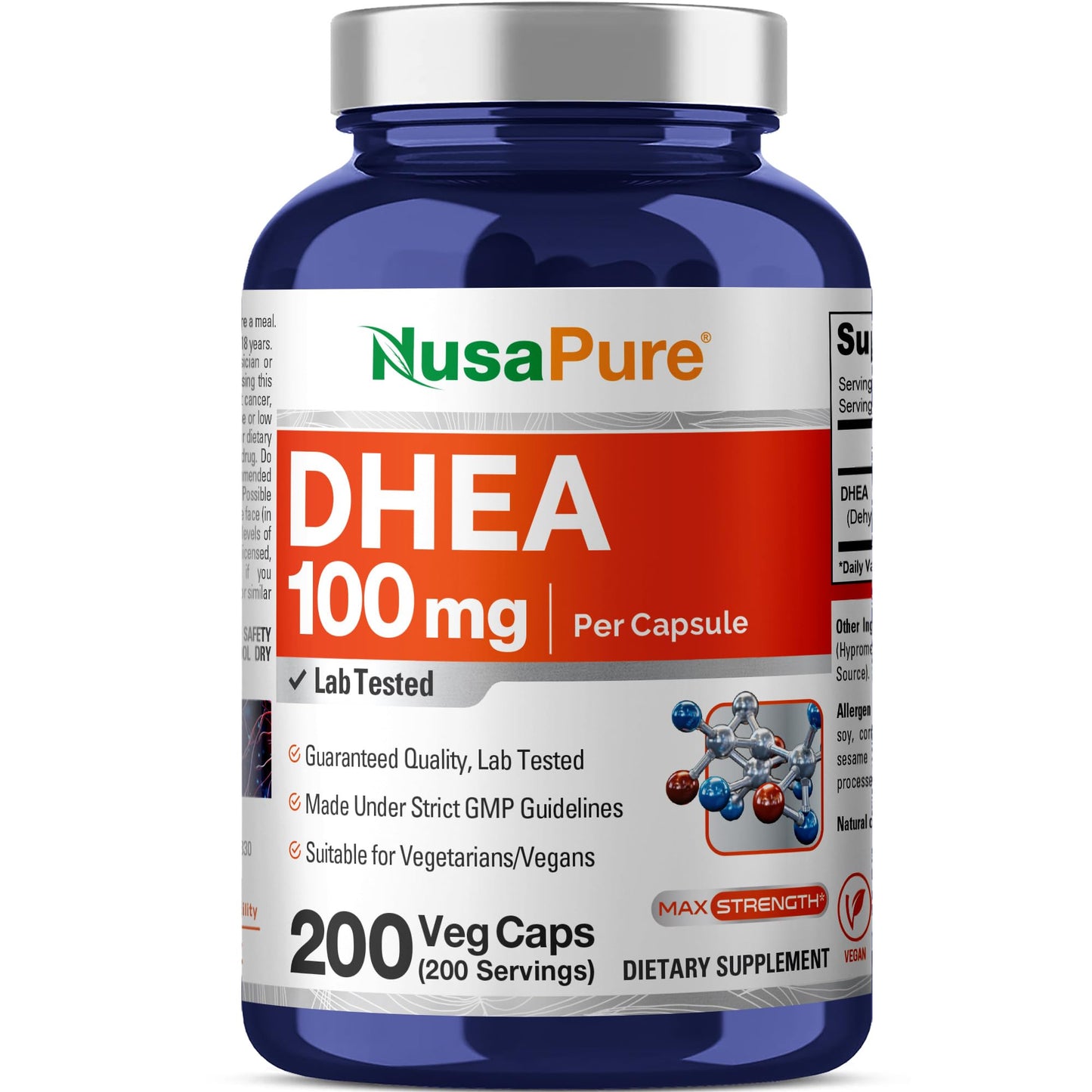 NusaPure DHEA 100mg 200 Cápsulas Vegetales (Vegetariano, Sin OGM)